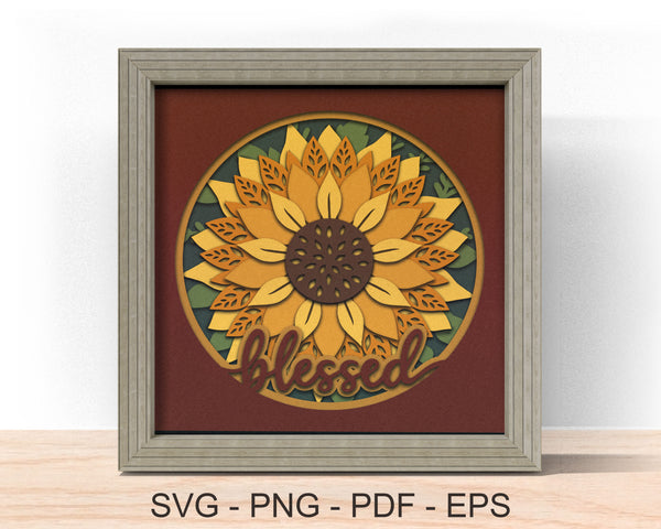3d BLESSED SUNFLOWER SVG, Fall Thanksgiving Shadow Box Svg 