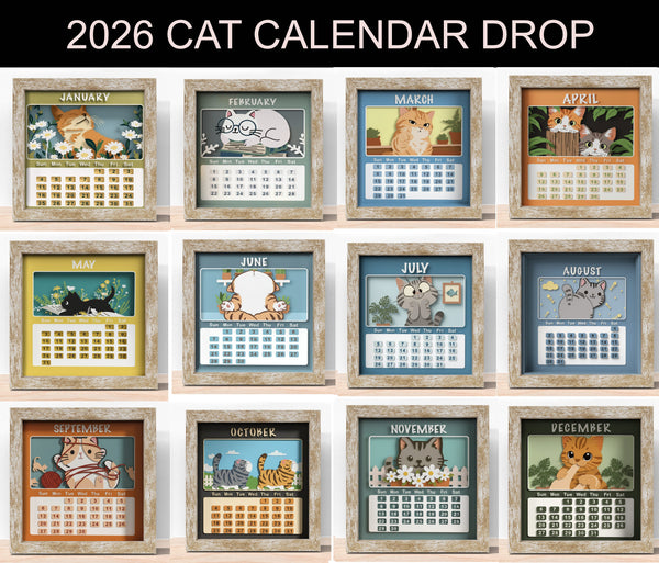 2026 CAT CALENDAR SHADOW BOX BUNDLE Svg - Cricut Files, Cardstock Svg, Silhouette Files - HelloCrafterSvg
