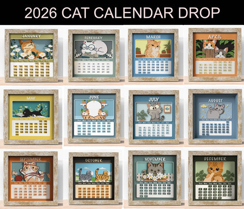 2026 CAT CALENDAR SHADOW BOX BUNDLE Svg - Cricut Files, Cardstock Svg, Silhouette Files - HelloCrafterSvg