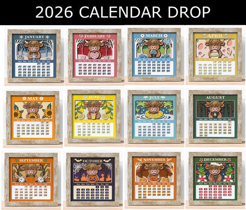 2026 HIGHLAND COW CALENDAR SHADOW BOX BUNDLE Svg - Cricut Files, Cardstock Svg, Silhouette Files - HelloCrafterSvg