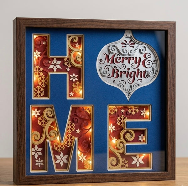 3D Merry & Bright, Christmas HOME Shadow Box Svg, Cricut Files