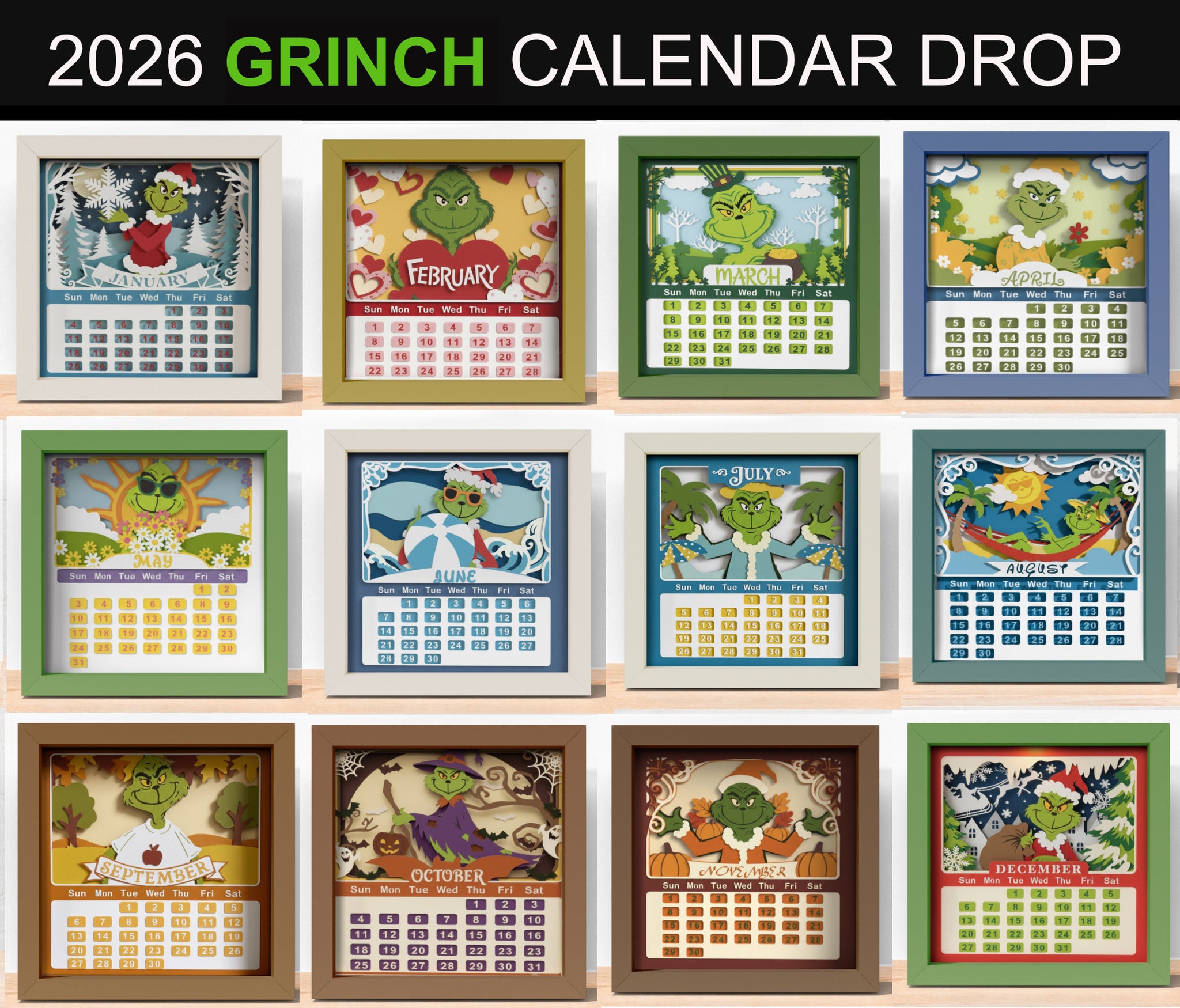 2026 GRINCH CALENDAR SHADOW BOX BUNDLE Svg - Cricut Files, Cardstock Svg, Silhouette Files - HelloCrafterSvg