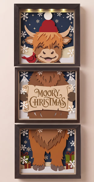 3D HIGHLAND COW TRIO SET CHRISTMAS SHADOW BOX SVG