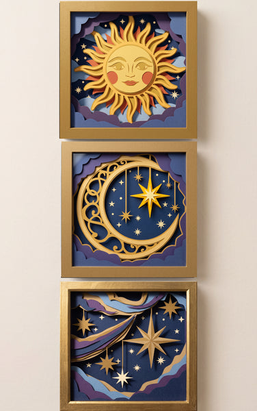 3D SUN MOON STAR TRIO SET SHADOW BOX SVG
