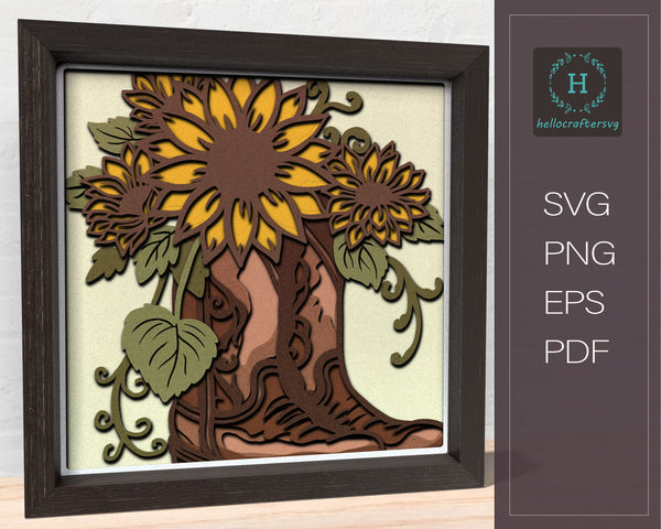 FARMHOUSE SUNFLOWER BOOT , FARMHOUSE SUNFLOWER BOOT Shadow Box Svg 234S