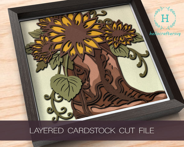 FARMHOUSE SUNFLOWER BOOT , FARMHOUSE SUNFLOWER BOOT Shadow Box Svg