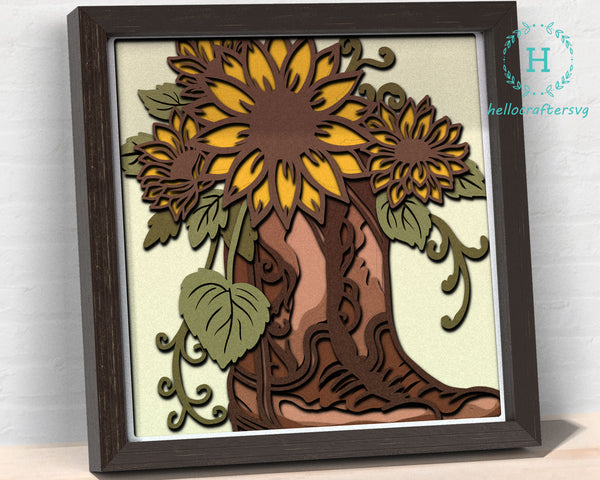 FARMHOUSE SUNFLOWER BOOT , FARMHOUSE SUNFLOWER BOOT Shadow Box Svg