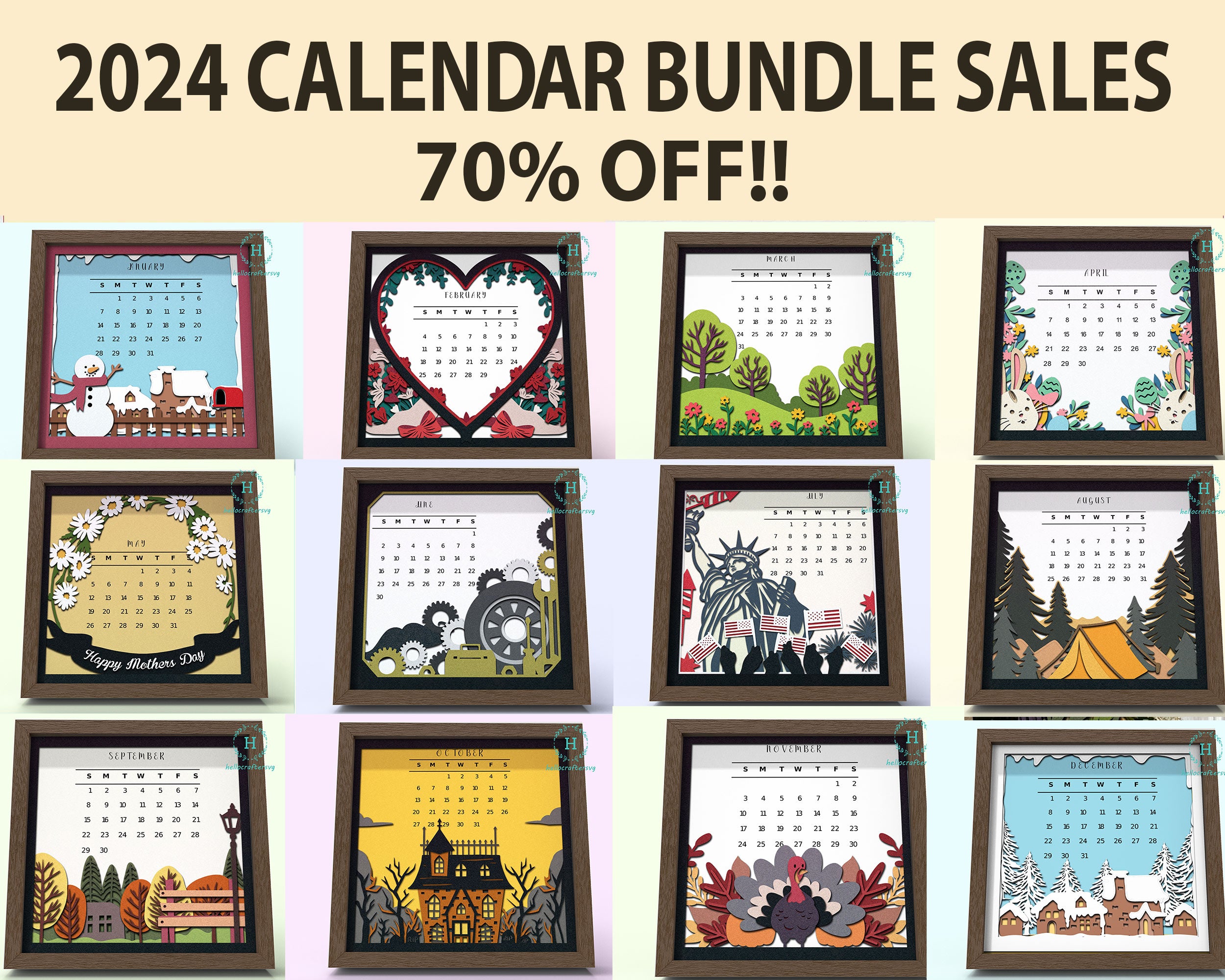2024 CALENDAR SHADOW BOX BUNDLE Svg Cricut Files, Cardstock Svg, Sil