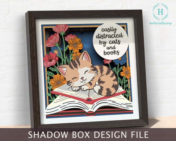 3d Cat And Book Chapter Shadow Box Svg