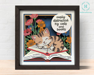 3d Cat And Book Chapter Shadow Box Svg