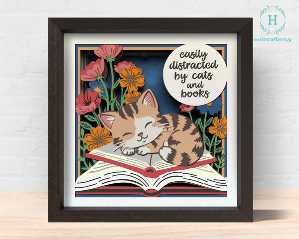 3d Cat And Book Chapter Shadow Box Svg