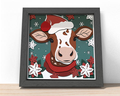 3d CHRISTMAS FLORAL COW Svg, Cow Shadow Box Svg