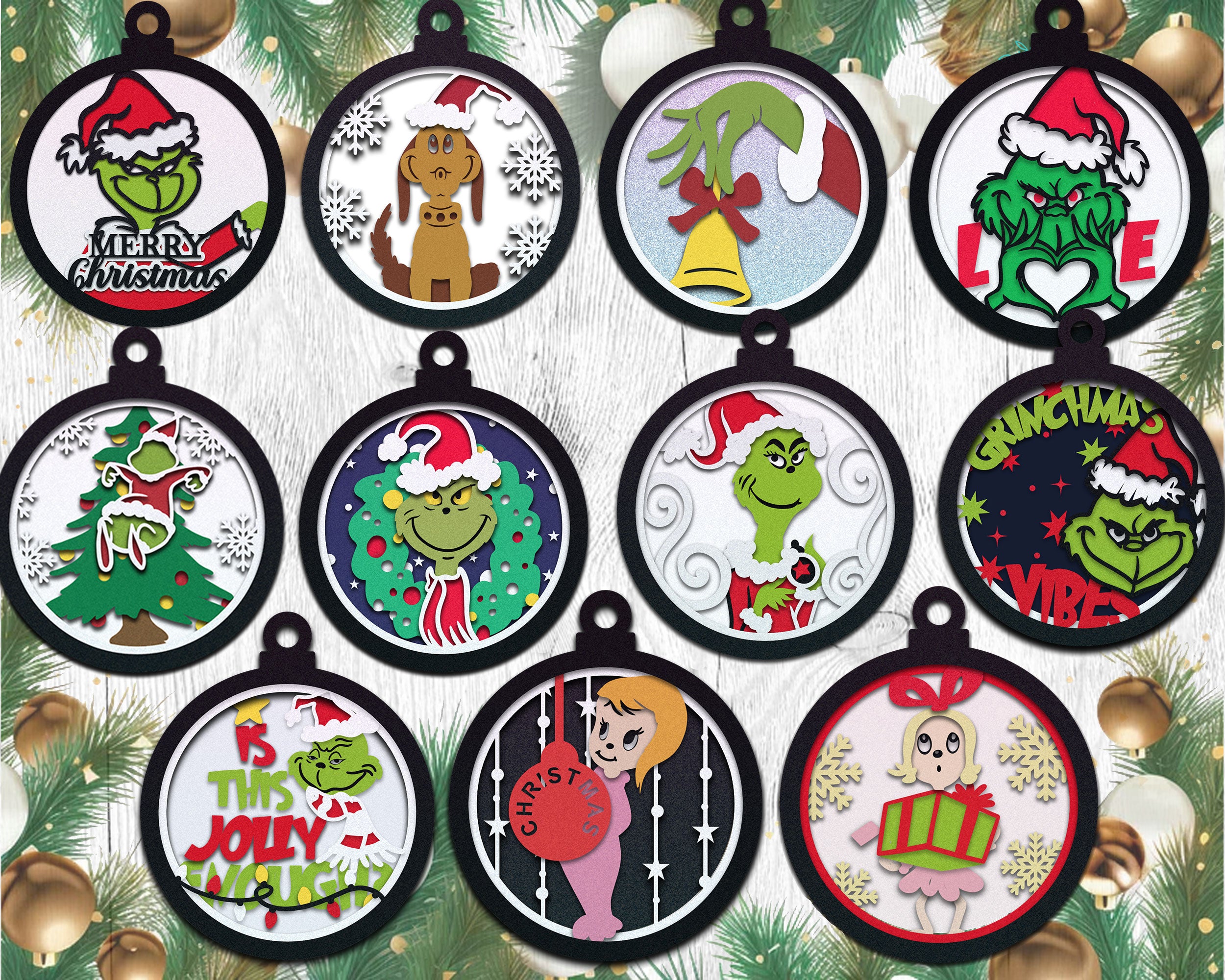 CHRISTMAS GRINCH ORNAMENT 3D BUNDLE Svg - Cricut Files, Cardstock Svg