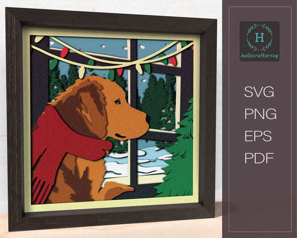 3D DOG AT WINDOW SVG, Christmas Time Dog Shadow Box Svg