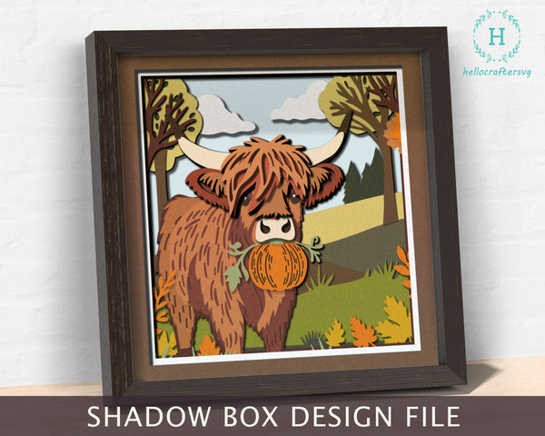 3D FALL Highland Cow PUMPKIN Shadow Box Svg