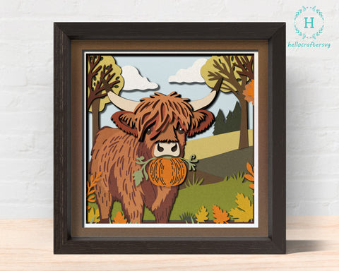 3D FALL Highland Cow PUMPKIN Shadow Box Svg 