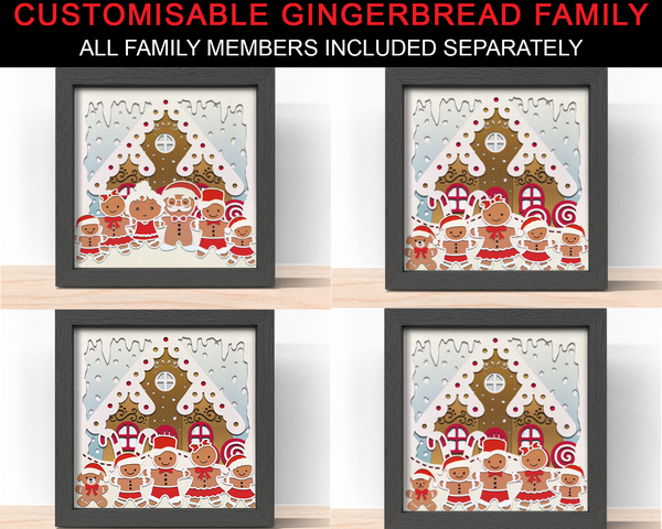 3D CUSTOMISABLE GINGERBREAD FAMILY WITH ALL MEMBER Svg - CHRISTMAS Shadow Box Svg 