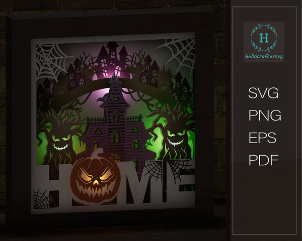 3D HAUNTED PUMPKIN HOME SVG, Pumpkin HOME LIGHT Shadow Box Svg 2342