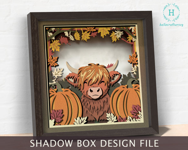 3d Fall Cute Highland cow Shadow Box Svg