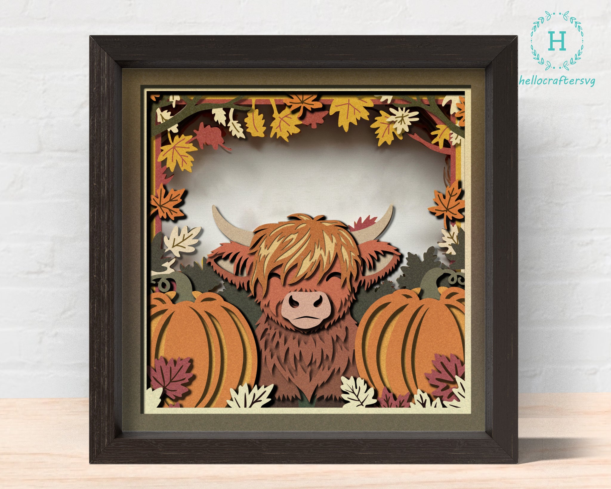 3d Fall Cute Highland cow Shadow Box Svg 