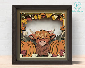 3d Fall Cute Highland cow Shadow Box Svg 