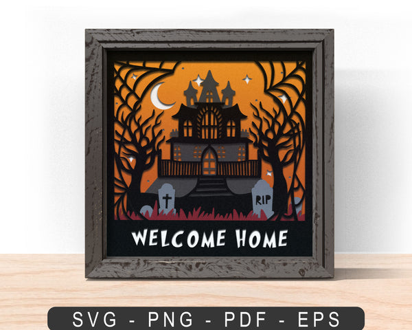 3D HAUNTED HOME SVG, Pumpkin HOME LIGHT Shadow Box Svg