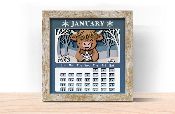 2026 HIGHLAND COW CALENDAR SHADOW BOX BUNDLE Svg - Cricut Files, Cardstock Svg, Silhouette Files - HelloCrafterSvg