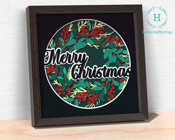 3d MERRY Christmas WREATH Svg, CHRISTMAS Shadow Box Svg