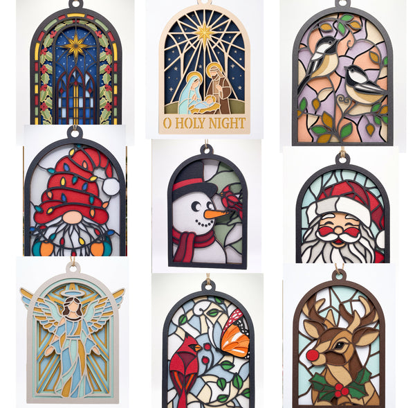 3D STAINED CHRISTMAS ORNAMENT SET OF 9 HANGING SVG