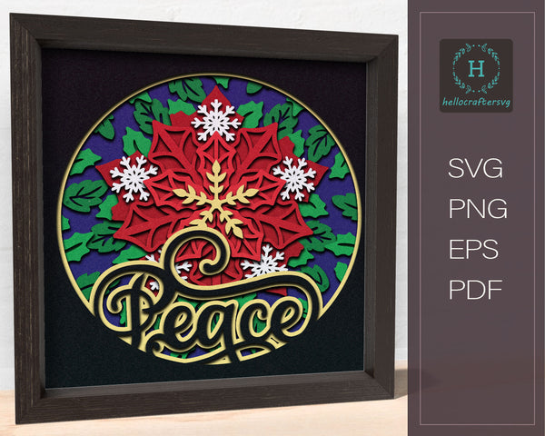 3d PEACE Svg, CHRISTMAS PEACE Poinsettia Shadow Box Svg