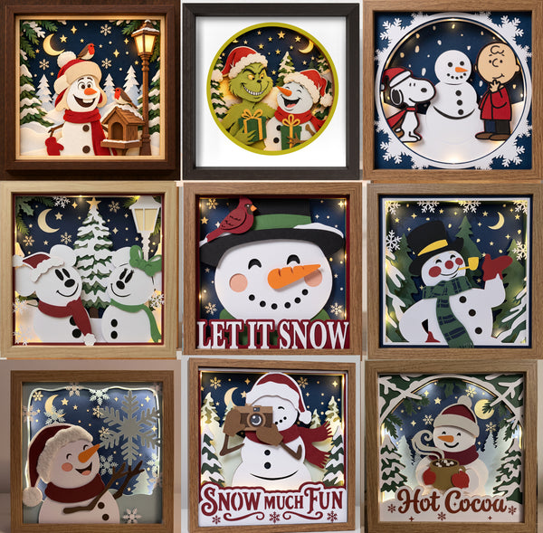 3D SNOWMAN SET OF 9 SHADOW BOX SVG