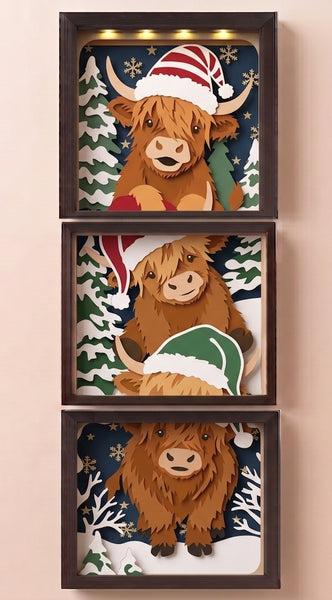 3D STACKING HIGHLAND COW TRIO SET CHRISTMAS SHADOW BOX SVG