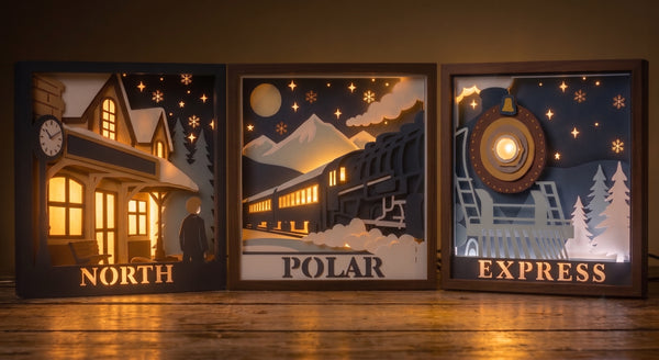3D NORTH POLAR EXPRESS TRIO SET TRIPTYCH SHADOW BOX SVG