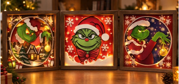 3D GRINCH CHRISTMAS TRIPTYCH TRIO SET SHADOW BOX SVG