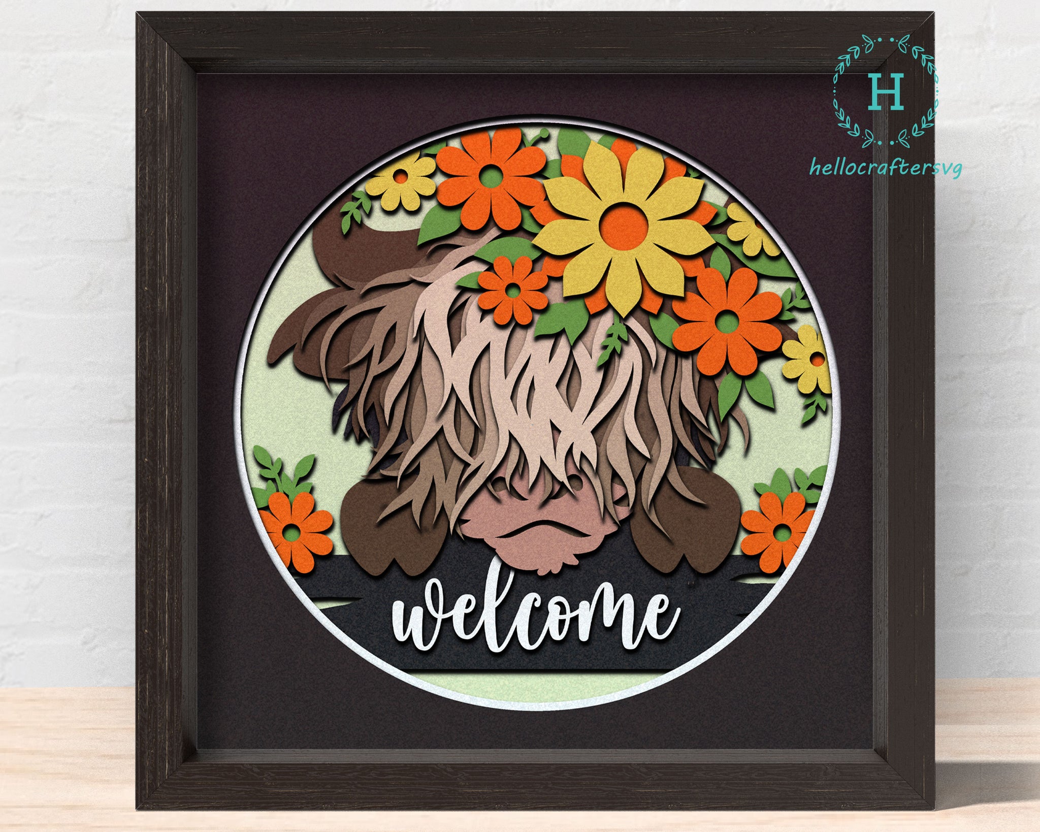 3d WELCOME HIGHLAND COW Svg, Welcome Cow Shadow Box Svg - Cricut Files, Cardstock Svg, Silhouette Files - HelloCrafterSvg-112