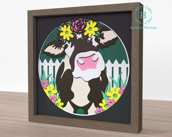 3d FLORAL COW Svg, Cow Shadow Box Svg - 55