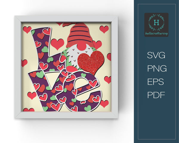 3D Love Svg, 3d Valentine Gnome Svg - Valentine Shadow Box Svg