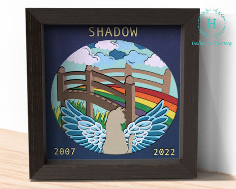 3D Cat Memorial Svg, Customizable 3D Rainbow Bridge Shadow Box Svg