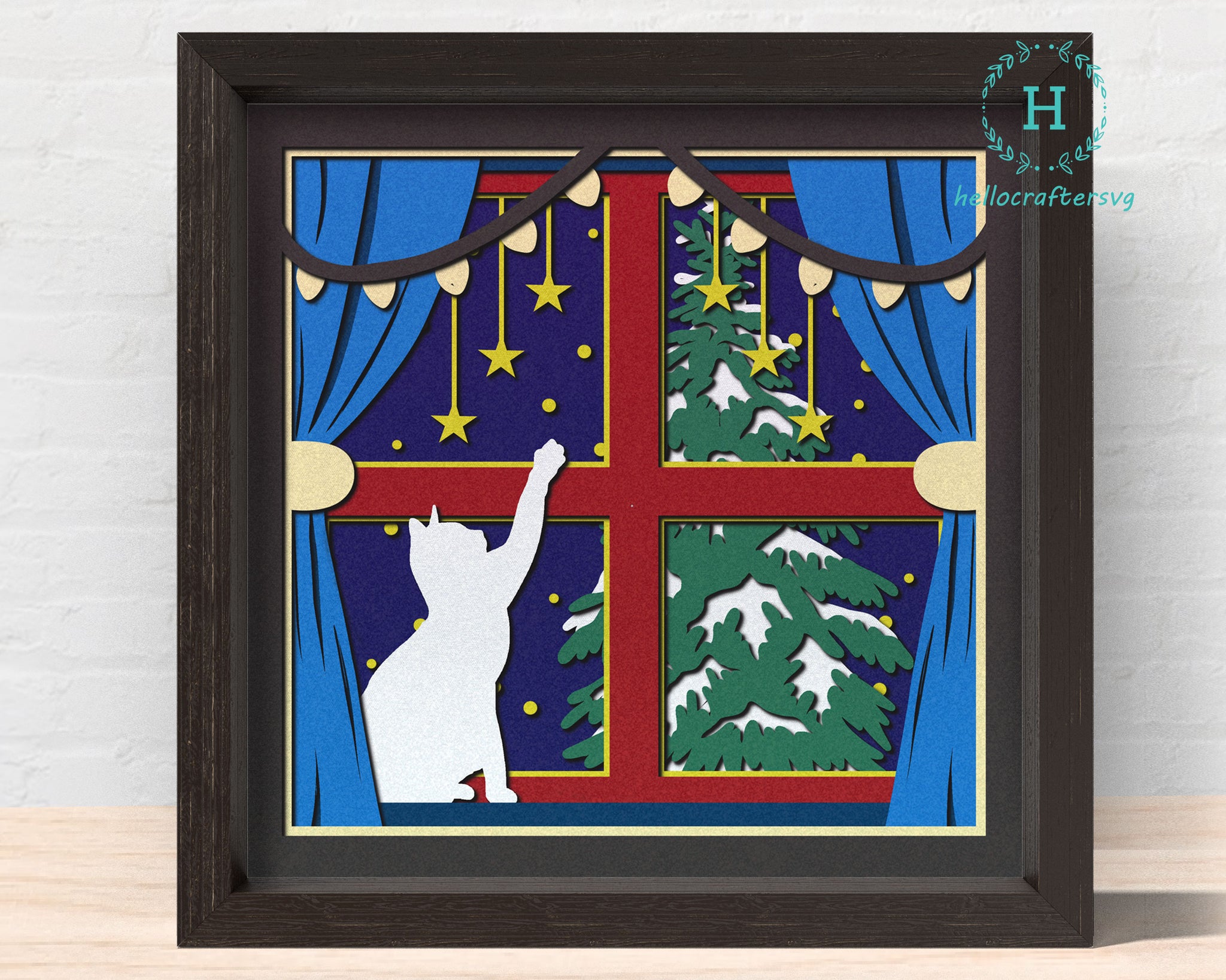 3d CHRISTMAS CAT Svg, CAT On Window Shadow Box Svg - Cricut Files, Cardstock Svg, Silhouette Files - HelloCrafterSvg