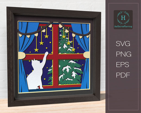3d CHRISTMAS CAT Svg, CAT On Window Shadow Box Svg - Cricut Files, Cardstock Svg, Silhouette Files - HelloCrafterSvg