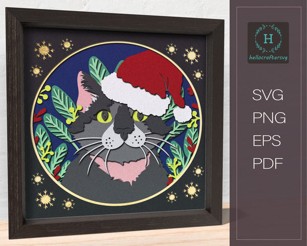 3D CHRISTMAS CAT SVG, Christmas Shadow Box Svg, Cricut Files, Cardstock Svg, Silhouette Files - HelloCrafterSvg-22