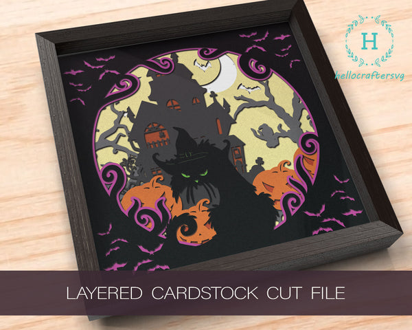 3D HAUNTED CAT SVG, Halloween Shadow Box Svg, Cricut Files, Cardstock Svg, Silhouette Files - HelloCrafterSvg=-3
