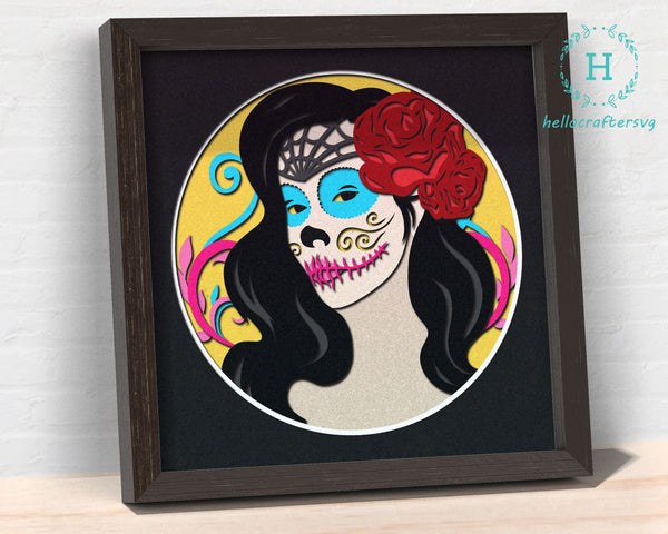 3D LADY SKULL svg, Day of the Dead shadow box svg