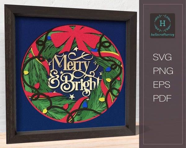 3d MERRY & BRIGHT Svg, CHRISTMAS Shadow Box Svg